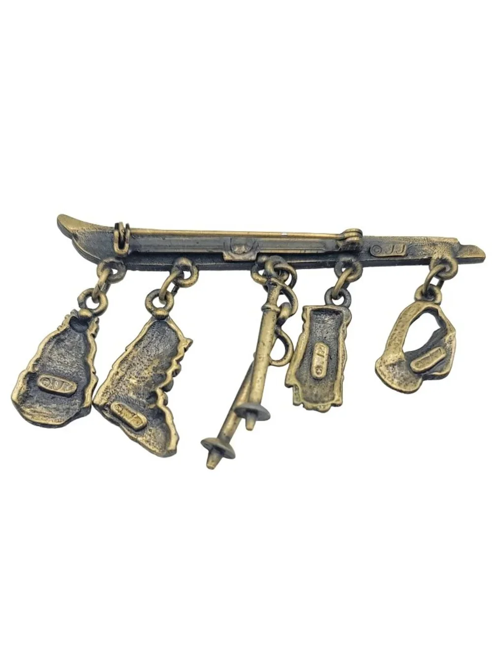 JJ Jonette Jewelry Gold Tone Snow Skiing Charms Brooch, Signed